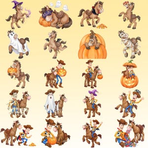 May include: A collection of digital illustrations featuring a brown horse and a cowboy character in various Halloween-themed costumes and scenarios, including pumpkins, ghosts, candy corn, and spooky outfits on a light yellow background.