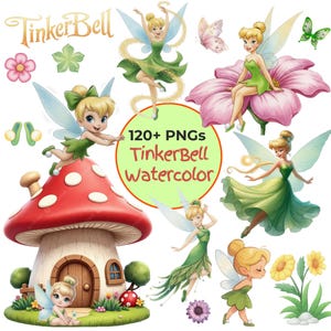 Puede incluir: Colección de imágenes de acuarela con Campanilla en varias poses, junto con flores, mariposas y una casa de champiñones. El texto "120+ PNGs TinkerBell Watercolor" se muestra en un círculo.