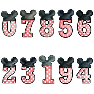 May include: Watercolor-style numbers 0 through 9, each with a black Mickey Mouse ear design on top. The numbers are red with white polka dots and outlined in black. Perfect for party decorations or crafts.