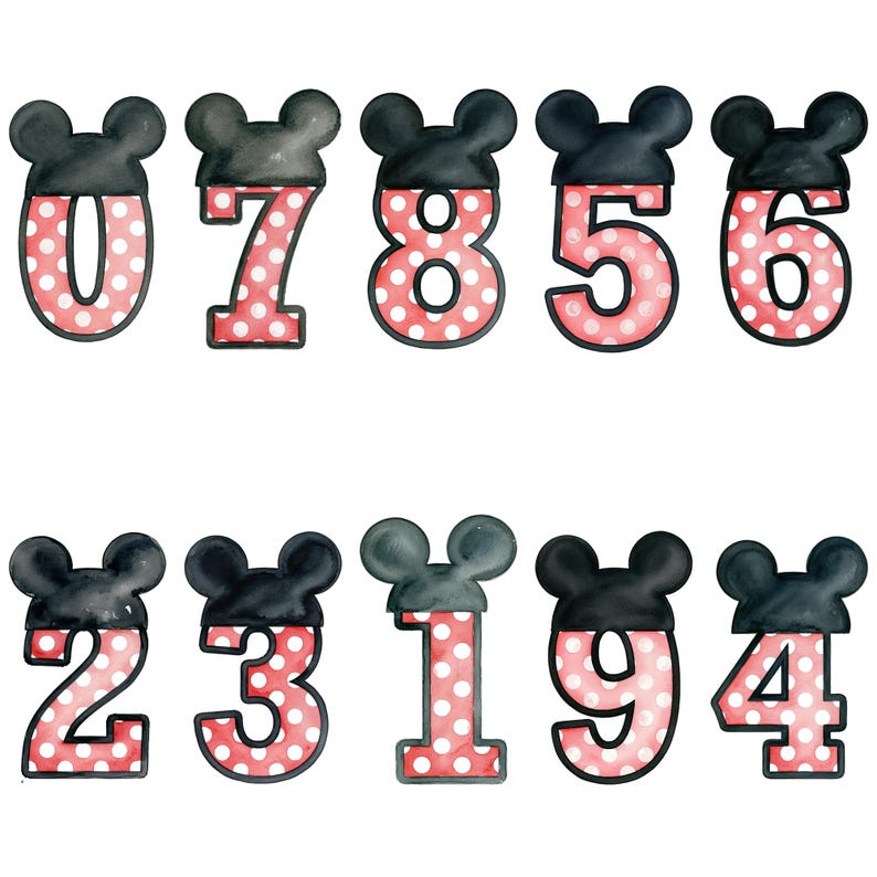 May include: Watercolor-style numbers 0 through 9, each with a black Mickey Mouse ear design on top. The numbers are red with white polka dots and outlined in black. Perfect for party decorations or crafts.
