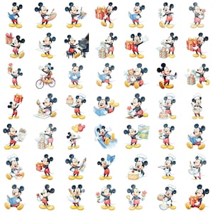 Pode incluir: Uma cole&ccedil;&atilde;o de ilustra&ccedil;&otilde;es em aquarela do Mickey Mouse em v&aacute;rias poses. Mickey &eacute; retratado segurando presentes, lendo livros, tocando piano, pintando e muito mais. As ilustra&ccedil;&otilde;es apresentam cores brilhantes e um estilo de desenho animado cl&aacute;ssico.