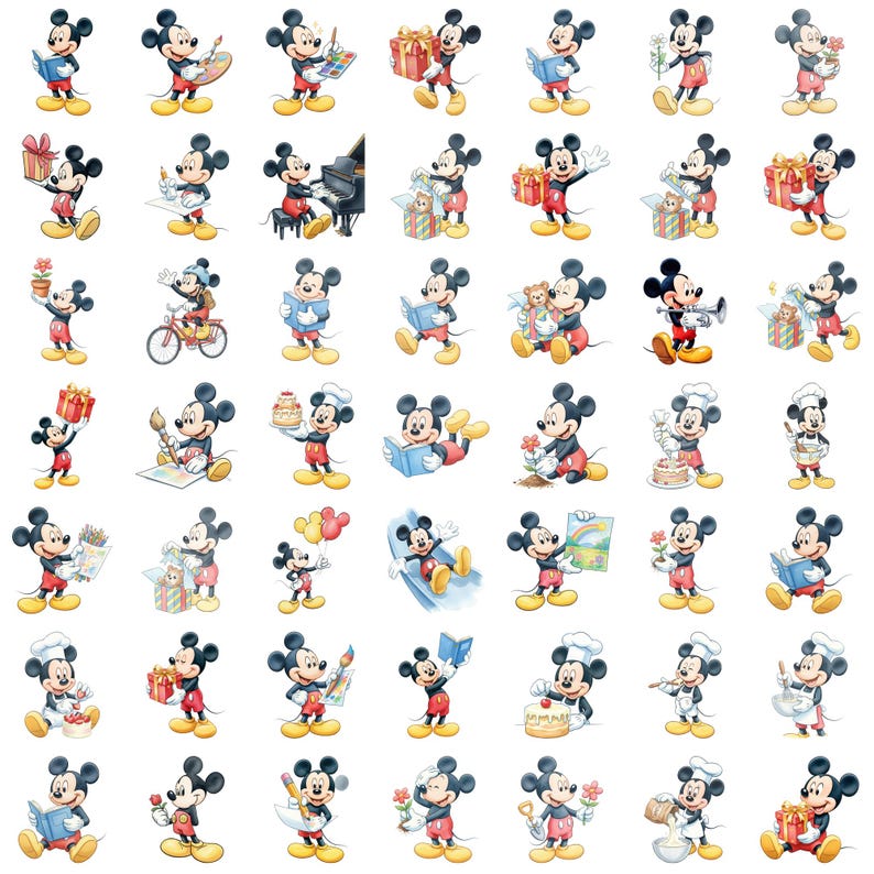 Pode incluir: Uma cole&ccedil;&atilde;o de ilustra&ccedil;&otilde;es em aquarela do Mickey Mouse em v&aacute;rias poses. Mickey &eacute; retratado segurando presentes, lendo livros, tocando piano, pintando e muito mais. As ilustra&ccedil;&otilde;es apresentam cores brilhantes e um estilo de desenho animado cl&aacute;ssico.