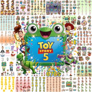 Könnte beinhalten: Eine digitale Collage aus Toy Story 5-Grafiken mit Charakteren wie Woody, Buzz Lightyear, Jessie und Rex. In der Mitte befindet sich ein großer grüner, froschförmiger Rahmen mit dem Text Toy Story 5, umgeben von zahlreichen kleinen Charakter-Aufklebern, Buchstaben des Alphabets und Symbolen zum Thema Geburtstag.