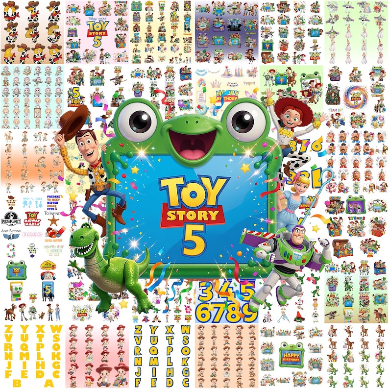 May include: A digital collage of Toy Story 5 themed graphics featuring characters like Woody, Buzz Lightyear, Jessie, and Rex. The center displays a large green frog-shaped frame with the text Toy Story 5, surrounded by numerous small character stickers, alphabet letters, and birthday-themed icons.