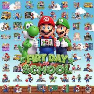 70+ Back To School Mario Clipart PNG Bundle, Super Mario School Character PNG, First Day Of School Cartoon Kids Digital Download