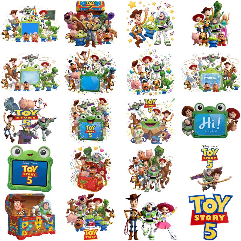 May include: A collection of Toy Story 5 digital graphics featuring Woody, Buzz Lightyear, Jessie, and other characters. The images include various scenes with a green frog-shaped frame, a toy chest, and the Toy Story 5 logo in blue and yellow.