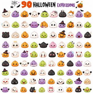 Könnte beinhalten: Eine Sammlung von 90 Halloween-Ausdrücken mit kleinen, runden Cartoon-Figuren in verschiedenen Farben wie Orange, Lila, Grün, Schwarz und Weiß. Die Figuren zeigen unterschiedliche Gesichtsausdrücke und thematische Accessoires.