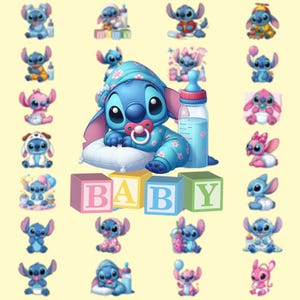 Könnte beinhalten: Eine Sammlung von Cartoon-Bildern mit einer blauen Alien-Figur, von denen einige Babykleidung tragen und Flaschen halten. Das zentrale Bild zeigt die Figur in einem blauen Blumen-Strampler, Schnuller und Babyflasche, mit Blöcken, die "BABY" buchstabieren.