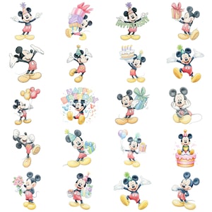 May include: A collection of watercolor illustrations of Mickey Mouse in various birthday-themed poses. Mickey is depicted with party hats, gifts, balloons, and a birthday cake. The illustrations feature a vibrant color palette with a whimsical and celebratory feel.