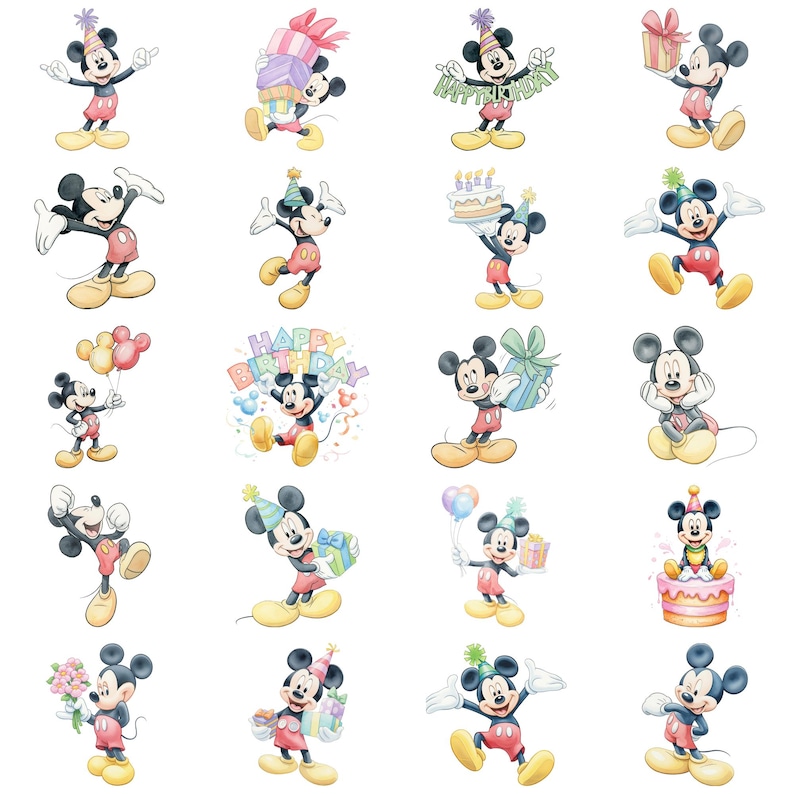May include: A collection of watercolor illustrations of Mickey Mouse in various birthday-themed poses. Mickey is depicted with party hats, gifts, balloons, and a birthday cake. The illustrations feature a vibrant color palette with a whimsical and celebratory feel.