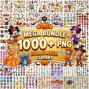 以下が含まれることがあります： ハロウィーンをテーマにした1000点以上のPNGクリップアート画像のデジタルコレクション。様々なキャラクターの仮装、カボチャ、祝祭のアイコンが含まれ、中央の金色のバナーには「MEGA BUNDLE 1000+ PNG HALLOWEEN CLIPART」というテキストが表示されています。