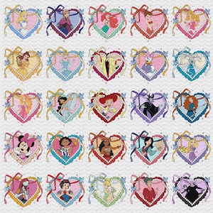 Könnte beinhalten: Eine Ansammlung herzförmiger Illustrationen mit verschiedenen Zeichentrickfiguren. Jedes Design enthält ein Charakterporträt, einen dekorativen Rahmen und eine Schleife. Die Farbpalette ist vielfältig, mit rosa, blauen, roten und gelben Akzenten.