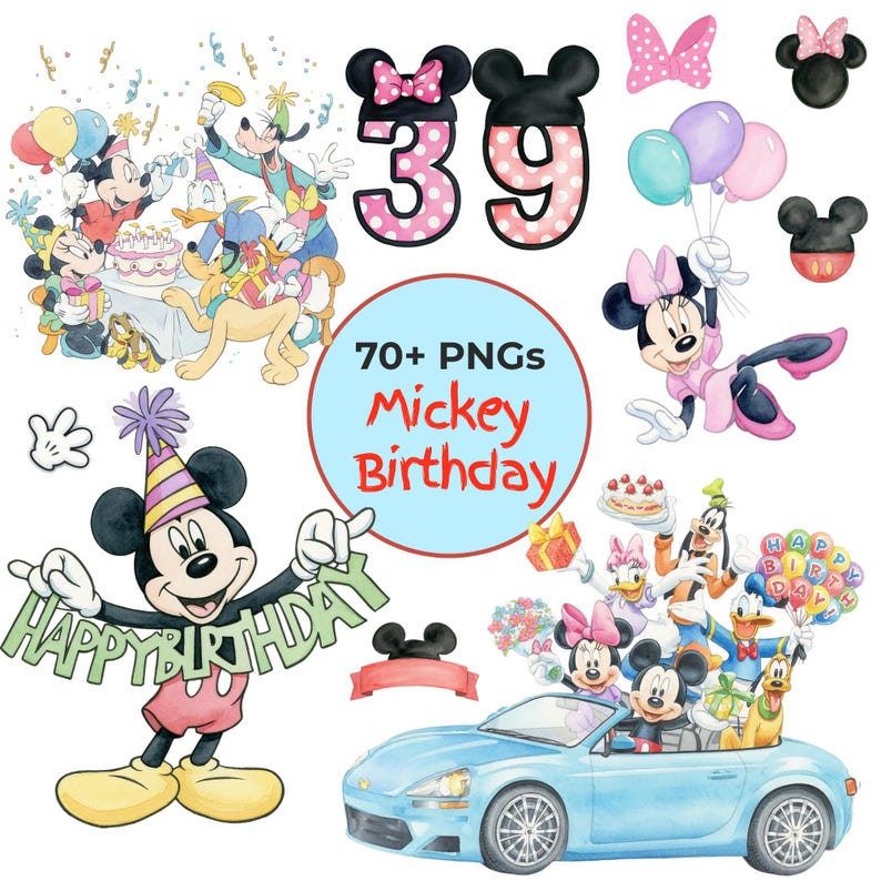 May include: Watercolor illustrations of Mickey Mouse and friends celebrating a birthday. Includes Mickey, Minnie, Donald, and Goofy, along with balloons, a cake, and the text "Happy Birthday". Also features a blue car.