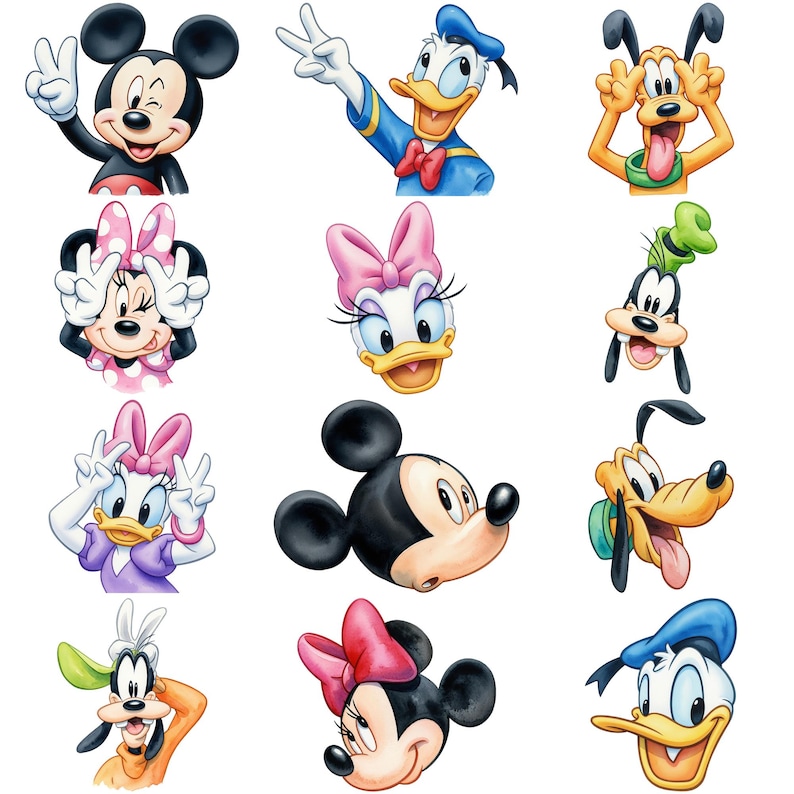 Op de afbeelding: Een verzameling van twaalf kleurrijke cartoonkarakterillustraties met Mickey Mouse, Minnie Mouse, Donald Duck, Daisy Duck, Goofy en Pluto. De personages zijn afgebeeld in verschillende expressieve houdingen, waaronder knipogend, glimlachend en met vredestekens, uitgevoerd in levendige kleuren.