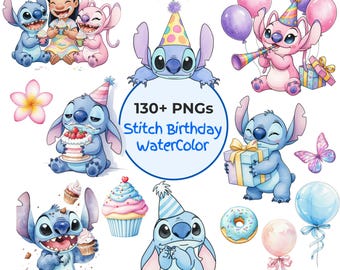 Mais de 130 imagens de aniversário do Stitch em aquarela, kit digital fofo, elementos, PNG de 300 DPI, coleção de arte digital fofa de aniversário do Stitch em aquarela.