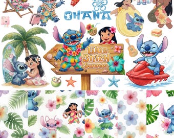 200+ PNG Lilo and Stitch Watercolor Clipart Bundle PNG, Lilo and Stitch Clipart, Beach Tropical Flowers Clipart, Cute Stitch Characters