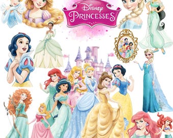 Princess Watercolor Png Bundle, Princess Watercolor Clipart, Digital Elsa, Anna, Aurora, Mermaid, Jasmine, Tiana, Belle, Diana Luna Rapunzel