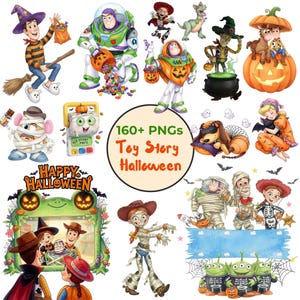 Halloween Toy Story PNG Bundle, Watercolor Spooky Characters Clipart, Woody Buzz Jessie Trick or Treat PNG, Digital Download Pack image 1