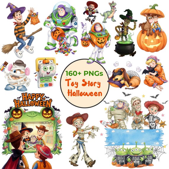 Halloween Toy Story PNG Bundle, Watercolor Spooky Characters Clipart, Woody Buzz Jessie Trick or Treat PNG, Digital Download Pack