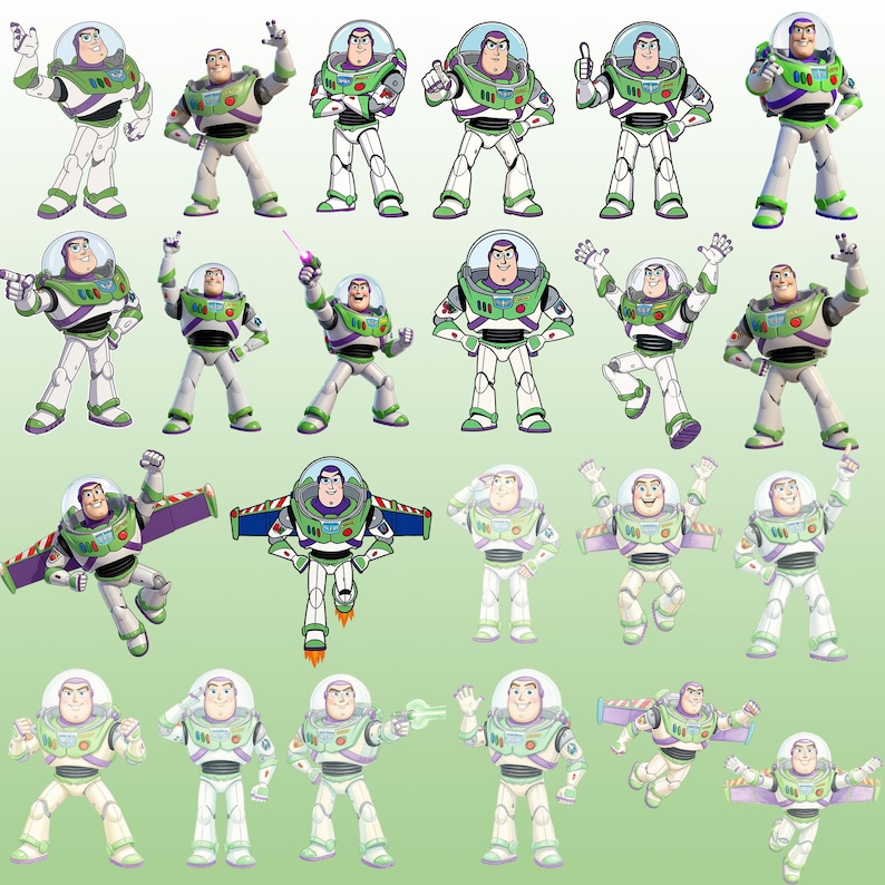 May include: A collection of twenty illustrations of the character Buzz Lightyear in various poses, wearing a white, green, and purple space suit with a clear helmet, chest control panel, and retractable wings, displayed against a light green background.