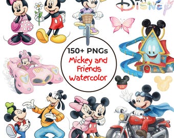 Mickey and Friends Watercolor PNG Bundle, Disney Mickey Minnie Clipart, Cute Cartoon Birthday Party PNG Decor
