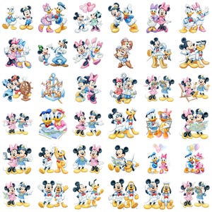 May include: A collection of colorful cartoon illustrations featuring Mickey Mouse, Minnie Mouse, Donald Duck, Daisy Duck, Goofy, and Pluto. The characters are depicted in various poses, often in pairs or small groups, with nautical and travel themes.