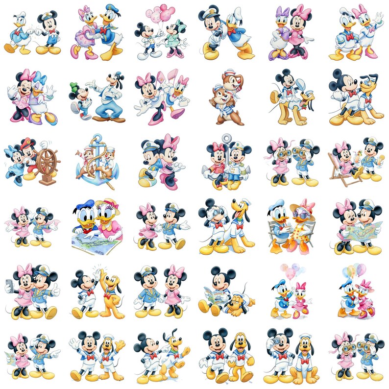 May include: A collection of colorful cartoon illustrations featuring Mickey Mouse, Minnie Mouse, Donald Duck, Daisy Duck, Goofy, and Pluto. The characters are depicted in various poses, often in pairs or small groups, with nautical and travel themes.