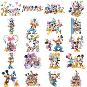 Op de afbeelding: Een verzameling van twintig individuele grafische illustraties met Mickey Mouse, Minnie Mouse, Donald Duck, Daisy Duck, Goofy en Pluto in verschillende houdingen, groeperingen en activiteiten, weergegeven in levendige kleuren met klassieke cartoonontwerpen.