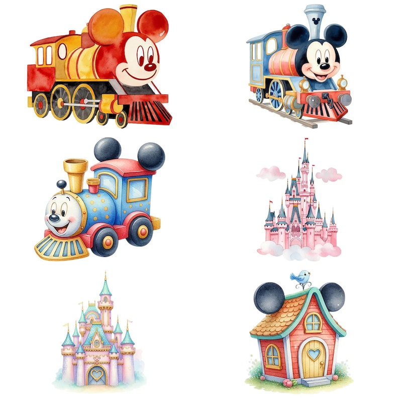 Pode incluir: Ilustra&ccedil;&otilde;es em aquarela de trens, castelos e uma casa com tema Mickey Mouse. Os trens s&atilde;o vermelhos, amarelos e azuis, com rostos do Mickey Mouse. Os castelos s&atilde;o rosa e azul, e a casa &eacute; vermelha com orelhas do Mickey Mouse.