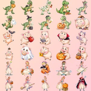 May include: A collection of digital illustrations featuring green dinosaurs, pink pigs, and a blonde character in various Halloween costumes and poses, including pumpkins, ghosts, bats, witches' hats, capes, and brooms on a light pink background.