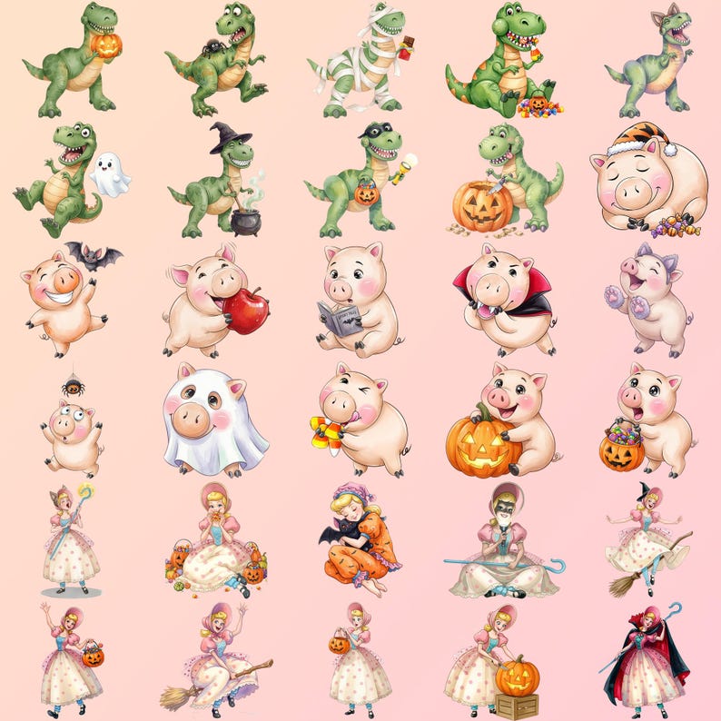 May include: A collection of digital illustrations featuring green dinosaurs, pink pigs, and a blonde character in various Halloween costumes and poses, including pumpkins, ghosts, bats, witches' hats, capes, and brooms on a light pink background.