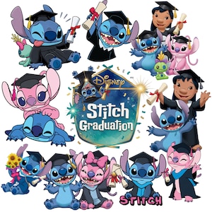 Könnte beinhalten: Ein farbenfrohes Bild mit Disney's Stitch-Charakteren, die ihren Abschluss feiern. Stitch wird in verschiedenen Posen dargestellt, mit Abschlusskappe und -robe, Diplom in der Hand. Der Text "Stitch Graduation" ist ebenfalls zu sehen.