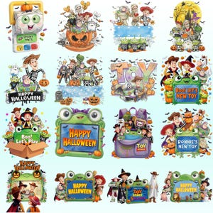 May include: A collection of digital illustrations featuring Toy Story characters in Halloween-themed scenes, including pumpkins, ghosts, and bats. Text elements include 'Happy Halloween', 'Toy Story', 'Boo! Let's Play', 'Boo! Let's New Toy', and 'Bonnie's New Toy'.