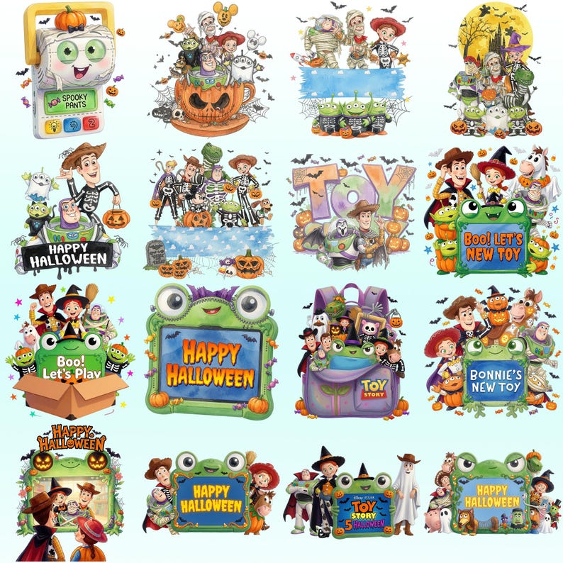 May include: A collection of digital illustrations featuring Toy Story characters in Halloween-themed scenes, including pumpkins, ghosts, and bats. Text elements include 'Happy Halloween', 'Toy Story', 'Boo! Let's Play', 'Boo! Let's New Toy', and 'Bonnie's New Toy'.