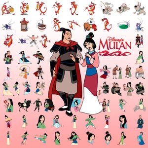 Könnte beinhalten: Eine Sammlung von Cartoon-Illustrationen mit Charakteren und Szenen aus Disneys Mulan. Das Bild zeigt Mulan, Li Shang, den Drachen Mushu und andere Charaktere in verschiedenen Posen, vor einem hellrosa Hintergrund. Das Logo von Disneys Mulan ist ebenfalls vorhanden.