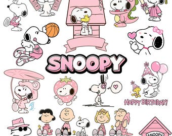 70+ Pink Snoopy Watercolor Digital Kit, Snoopy Clipart, Peanuts, Birthday Dog