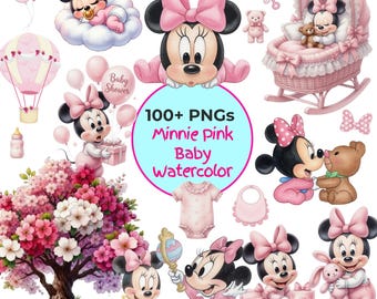 Baby Minnie Mouse Watercolor PNG Bundle, Pink Baby Shower Clipart, Cute Minnie Nursery Graphics, Birthday Girl Digital Download