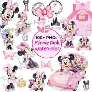 Könnte beinhalten: Eine Sammlung von Aquarellillustrationen mit Minnie Mouse in verschiedenen Posen, hauptsächlich in Rosa. Die Bilder zeigen Schleifen, ein Auto, ein Haus und den Text "Happy Birthday". Das Set enthält über 100 PNGs.