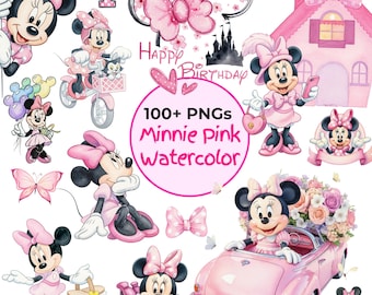 Minnie Pink Watercolor PNG Bundle, Cute Mouse Clipart, Pink Bow Birthday Clipart, Baby Girl Party Digital Download