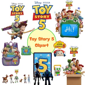 Könnte beinhalten: Eine Sammlung von Toy Story 5 digitalen Cliparts mit Woody, Buzz Lightyear und anderen Charakteren. Die Elemente umfassen einen lila Rucksack, ein grünes froschförmiges Tablet mit dem Text Hi! Let's play!, eine Spielzeugkiste und Logos.