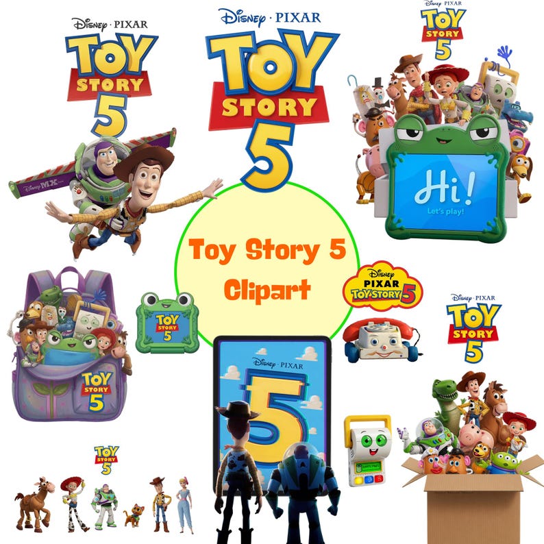 Puede incluir: Una colecci&oacute;n de im&aacute;genes predise&ntilde;adas digitales de Toy Story 5 con Woody, Buzz Lightyear y otros personajes. Los elementos incluyen una mochila morada, una tableta verde con forma de rana con el texto Hi! Let's play!, juguetes y logotipos.