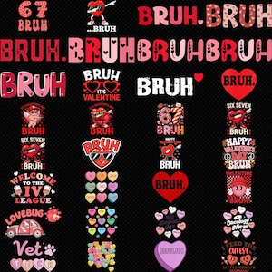Puede incluir: Un fondo negro con varios gráficos temáticos del Día de San Valentín. La palabra "BRUH" se repite en diferentes fuentes y colores, junto con formas de corazón, figuras de cupido y frases como "Feliz Día de San Valentín" y "Es San Valentín".