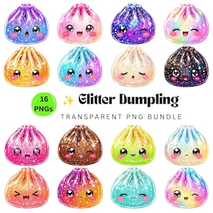 Glitter Dumpling Clipart PNG Bundle, Cute Kawaii Dumpling Clip Art, Sparkly Food Characters, Whimsical Asian Food Graphics, Digital Download