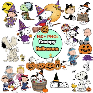 Könnte beinhalten: Eine Sammlung von Snoopy- und Peanuts-Figuren in Halloween-Kostümen, darunter Mumien, Hexen und Kürbisse. Der zentrale Text lautet 160+ PNGs Snoopy Halloween. Die Illustrationen zeigen leuchtende Farben und verschiedene gruselige Motive.