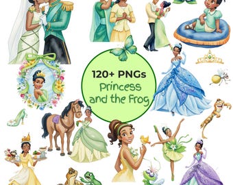 Pacote com mais de 120 imagens PNG em aquarela de A Princesa e o Sapo, incluindo Tiana, a Princesa e outros personagens fofos de desenho animado. Baixe imagens PNG transparentes para sublimação.
