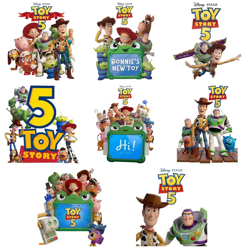 Puede incluir: Una colecci&oacute;n de gr&aacute;ficos promocionales para la pel&iacute;cula de animaci&oacute;n Toy Story 5, con los personajes Woody, Buzz Lightyear, Jessie y otros. Las im&aacute;genes incluyen el logotipo de Toy Story 5, un marco con forma de rana y varias poses.