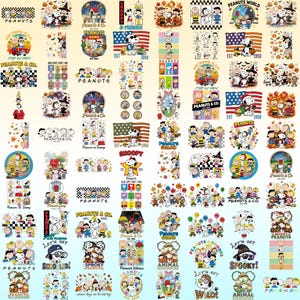 Könnte beinhalten: Eine Sammlung digitaler Grafikdesigns mit den Peanuts-Figuren wie Snoopy, Charlie Brown und Freunden. Die Bilder zeigen verschiedene saisonale Themen, amerikanische Flaggen und Texte wie Peanuts & Co, Snoopy und Spooky.
