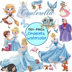 Könnte beinhalten: Aquarellillustrationen von Aschenputtel und verwandten Charakteren. Das Bild zeigt Aschenputtel in einem blauen Kleid, eine Kutsche, Mäuse, Vögel und den Text "Cinderella Watercolor" mit "110+ PNGs". Die Farbpalette besteht aus sanften Blau-, Rosa- und Brauntönen.