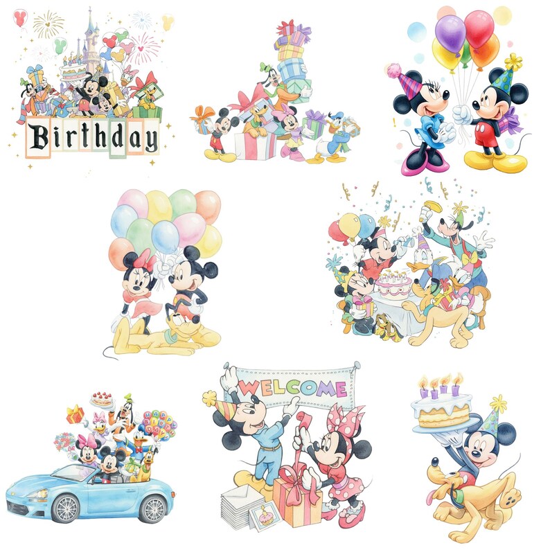 May include: A collection of watercolor illustrations featuring Mickey Mouse, Minnie Mouse, Donald Duck, and Pluto. The images depict birthday celebrations with balloons, gifts, and cakes. One image has the word "Birthday".