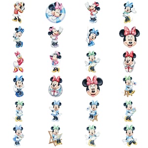 May include: A collection of Minnie Mouse illustrations in various poses and outfits. Minnie is depicted in different outfits, including dresses, swimwear, and casual wear. The illustrations feature a variety of colors, including red, pink, blue, and green.